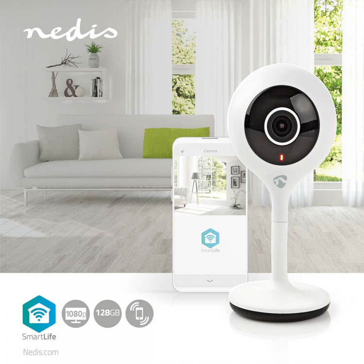 Nedis SmartLife Camera voor Binnen | Full HD 1080p | Cloud Opslag (optioneel) / microSD (niet inbegrepen) | Met bewegingssensor | Nachtzicht | Wit