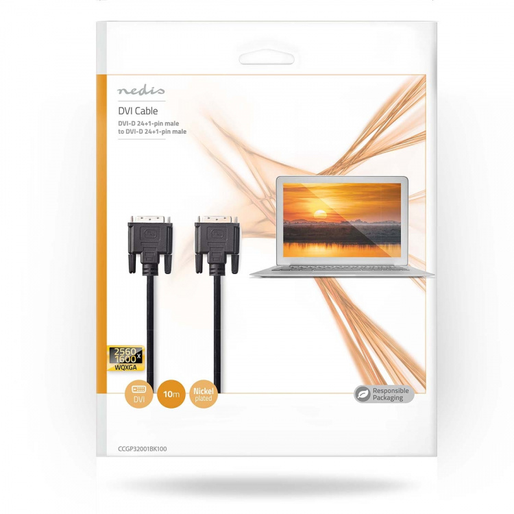Nedis DVI-Kabel | DVI-D 24+1-Pins Male | DVI-D 24+1-Pins Male | 2560x1600 | Vernikkeld | 10.0 m | Recht | PVC | Zwart | Envelop