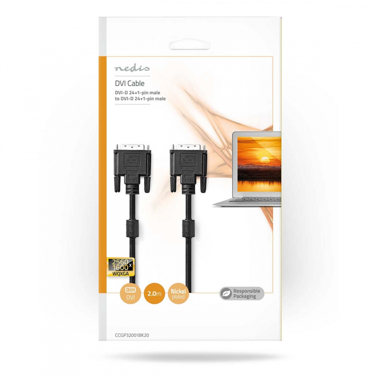 Nedis DVI-Kabel | DVI-D 24+1-Pins Male | DVI-D 24+1-Pins Male | 2560x1600 | Vernikkeld | 2.00 m | Recht | PVC | Zwart | Envelop