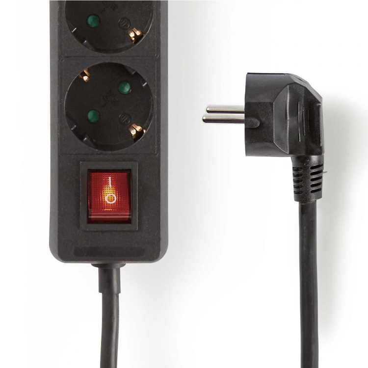 Nedis Stekkerdoos | Randaarde stekker / Type F (CEE 7/7) | 3-wegs | 1.50 m | 3680 W | 16 A | Soort aarding: Zijcontacten | 230 V AC 50/60 Hz | Hoek van stopcontact: 45 ° | H05VV-F 3G 1,5 mm² | Aan/uit knop | Zwart