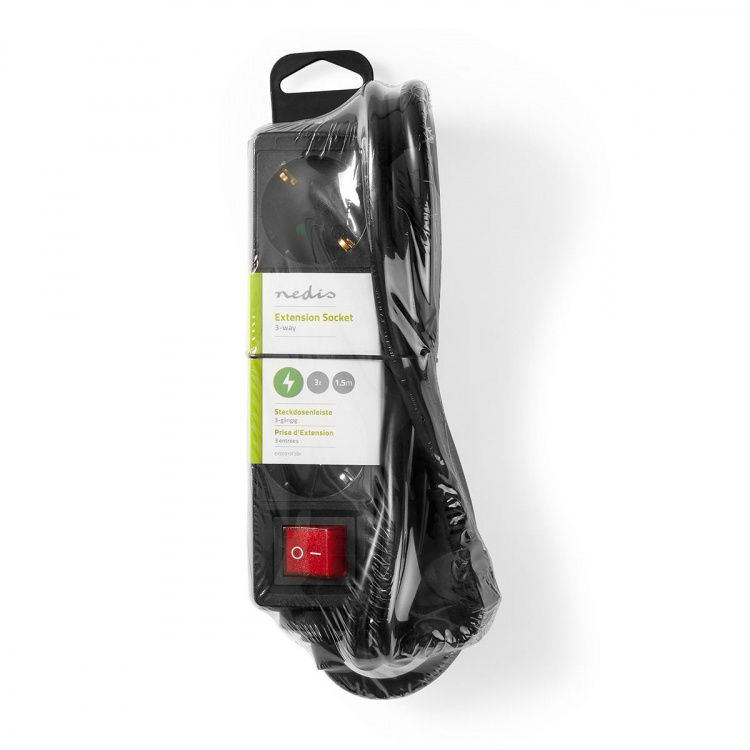 Nedis Stekkerdoos | Randaarde stekker / Type F (CEE 7/7) | 3-wegs | 1.50 m | 3680 W | 16 A | Soort aarding: Zijcontacten | 230 V AC 50/60 Hz | Hoek van stopcontact: 45 ° | H05VV-F 3G 1,5 mm² | Aan/uit knop | Zwart