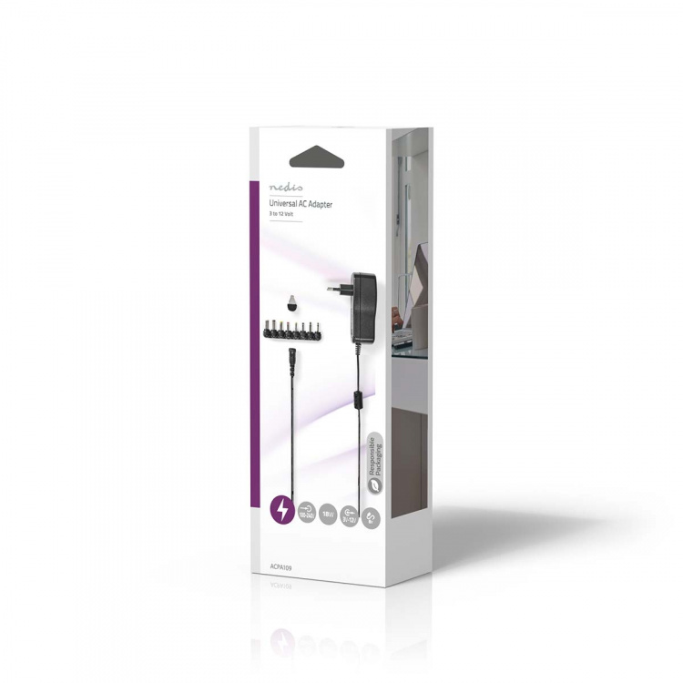 Nedis Universele AC-Stroomadapter | 18 W | 3 - 12 V DC | 1.10 m | 1.5 A | 8 plug(s) | Zwart