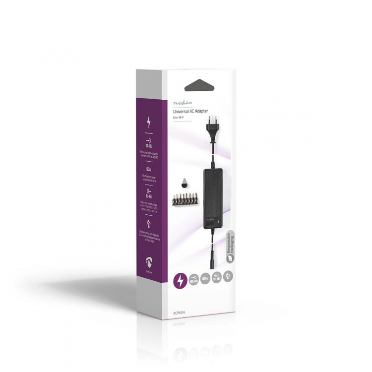 Nedis Universele AC-Stroomadapter | 60 W | 6 - 16 V DC | 1.10 m | 5.0 - 5.2 A | 8 plug(s) | Zwart Nedis Universele AC-Stroomadapter | 60 W | 6 - 16 V DC | 1.10 m | 5.0 - 5.2 A | 8 plug(s) | Zwart