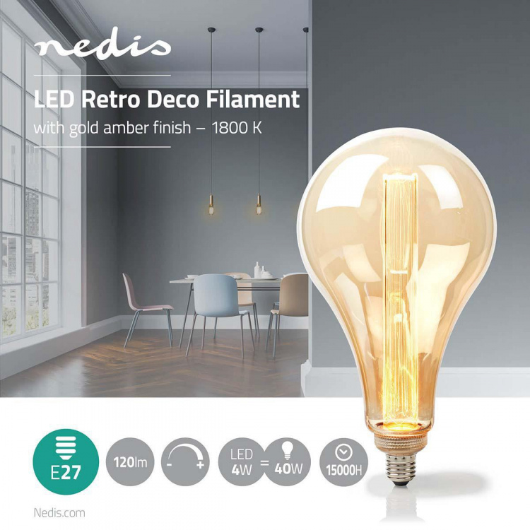 Nedis LED-Filamentlamp E27 | PS165 | 3.5 W | 120 lm | 1800 K | Dimbaar | Goudkleurig | Retrostijl | 1 Stuks Nedis LED-Filamentlamp E27 | PS165 | 3.5 W | 120 lm | 1800 K | Dimbaar | Goudkleurig | Retrostijl | 1 Stuks