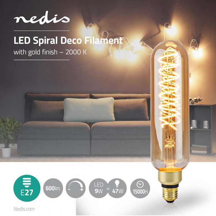 Nedis LED-Filamentlamp E27 | T65 | 8.5 W | 600 lm | 2000 K | Dimbaar | Met Gouden Afwerking | Retrostijl | 1 Stuks