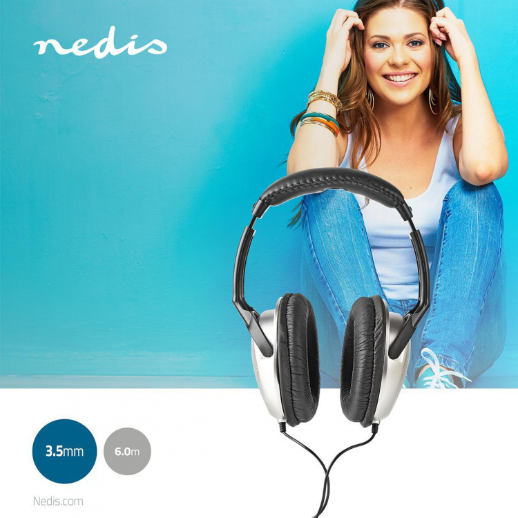 Nedis Bedrade Over-ear Koptelefoon | 3,5 mm | Kabellengte: 6.00 m | Volumebediening | Zilver / Zwart Nedis Bedrade Over-ear Koptelefoon | 3,5 mm | Kabellengte: 6.00 m | Volumebediening | Zilver / Zwart