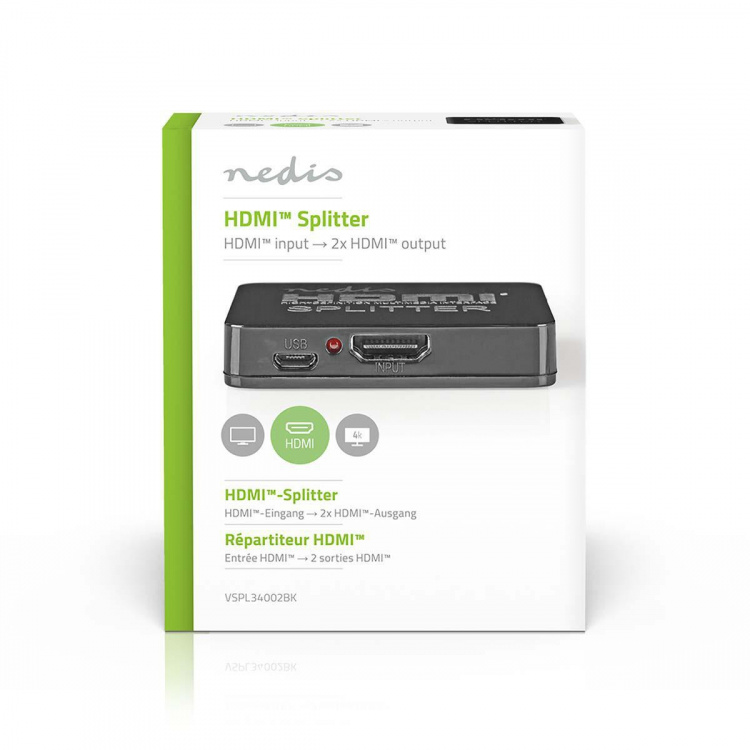 Nedis HDMI™-Splitter | 2 poort(en) | 2x HDMI™ Output | 4K@30Hz | 2.25 Gbps | ABS / PVC | Zwart
