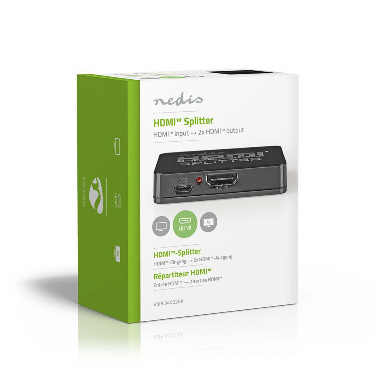 Nedis HDMI™-Splitter | 2 poort(en) | 2x HDMI™ Output | 4K@30Hz | 2.25 Gbps | ABS / PVC | Zwart