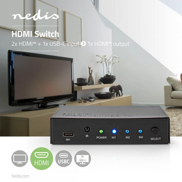 Nedis HDMI™-Switch | 3 poort(en) | 1x USB-C™ / 2x HDMI™ Input | 1x HDMI™ Output | 4K@60Hz | 18.0 Gbps | Metaal | Antraciet