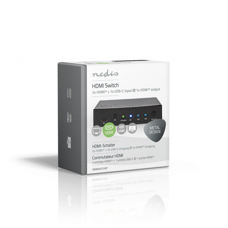 Nedis HDMI™-Switch | 3 poort(en) | 1x USB-C™ / 2x HDMI™ Input | 1x HDMI™ Output | 4K@60Hz | 18.0 Gbps | Metaal | Antraciet