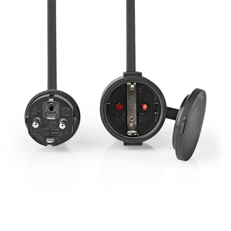 Nedis Verlengkabel Frans Male - Frans Female | Type-F (CEE 7/7) | Randaarde Stekker | 20.0 m | 3680 W | 250 V - 50/60 Hz | Soort aarding: Zijcontacten | Hoek van stopcontact: 90 ° | IP44 | H07RN-F 3G 1.5 mm² | Apparaat stroomoutput: 1 | Zwart