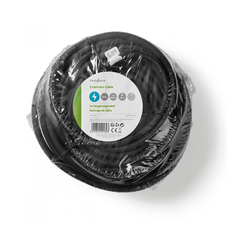 Nedis Verlengkabel Frans Male - Frans Female | Type-F (CEE 7/7) | Randaarde Stekker | 20.0 m | 3680 W | 250 V - 50/60 Hz | Soort aarding: Zijcontacten | Hoek van stopcontact: 90 ° | IP44 | H07RN-F 3G 1.5 mm² | Apparaat stroomoutput: 1 | Zwart