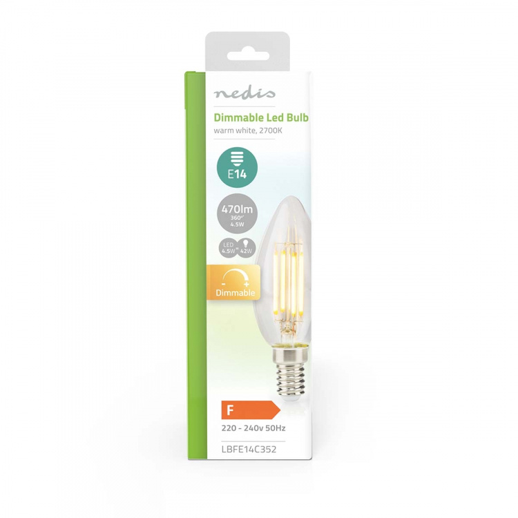 Nedis LED-Filamentlamp E14 | Kaars | 4.5 W | 470 lm | 2700 K | Dimbaar | Warm Wit | Retrostijl | 1 Stuks | Doorzichtig