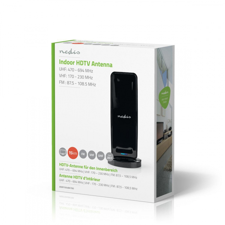 Nedis Binnenantenne | Actief | FM / UHF / VHF | Ontvangstbereik: 0-15 km | LTE700 | Versterking: 28 dB | ABS | Zwart