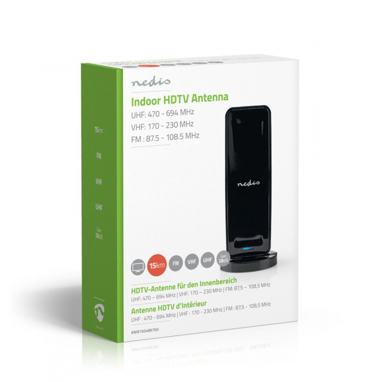 Nedis Binnenantenne | Actief | FM / UHF / VHF | Ontvangstbereik: 0-15 km | LTE700 | Versterking: 28 dB | ABS | Zwart