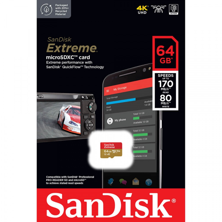 MicroSDXC Extreme 64GB 170MB/s A2 C10 V30 UHS-I U3 