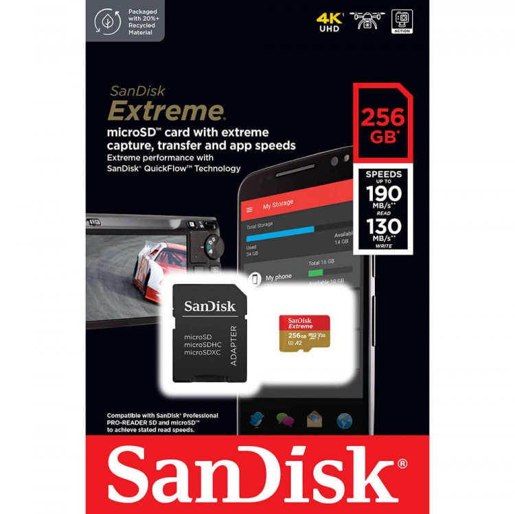 SanDisk MicroSDXC Extreme 256GB 190MB/s A2 C10 V30 met adapter