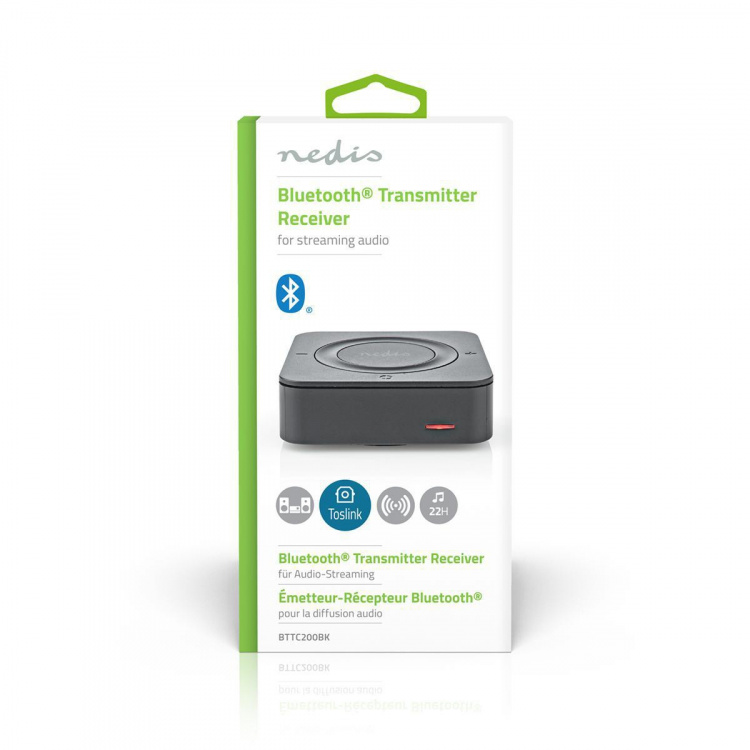 Nedis Bluetooth® Zender / Ontvanger | Input: 1x AUX / 1x SPDIF | Output: 1x AUX / 1x SPDIF | AptX ™ Low latency / AptX™ / SBC | Maximaal 2 Apparaten | Maximale batterijduur: 22 uur | Zwart
