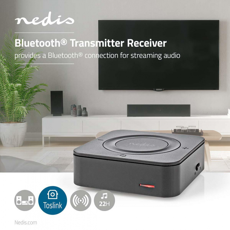 Nedis Bluetooth® Zender / Ontvanger | Input: 1x AUX / 1x SPDIF | Output: 1x AUX / 1x SPDIF | AptX ™ Low latency / AptX™ / SBC | Maximaal 2 Apparaten | Maximale batterijduur: 22 uur | Zwart