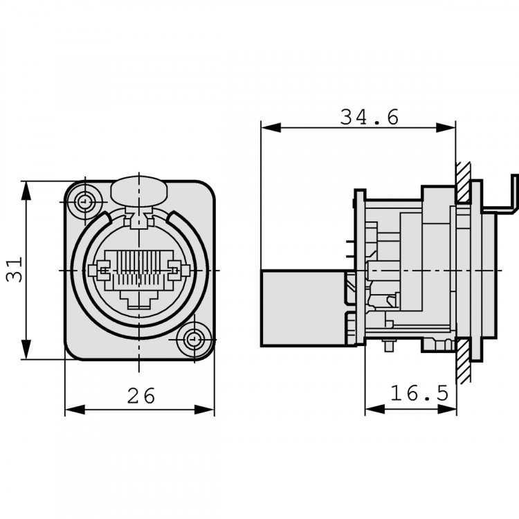 Neutrik RJ45-doorvoerbus, D-vormige metalen flens met vergrendeling, inclusief montageschroeven