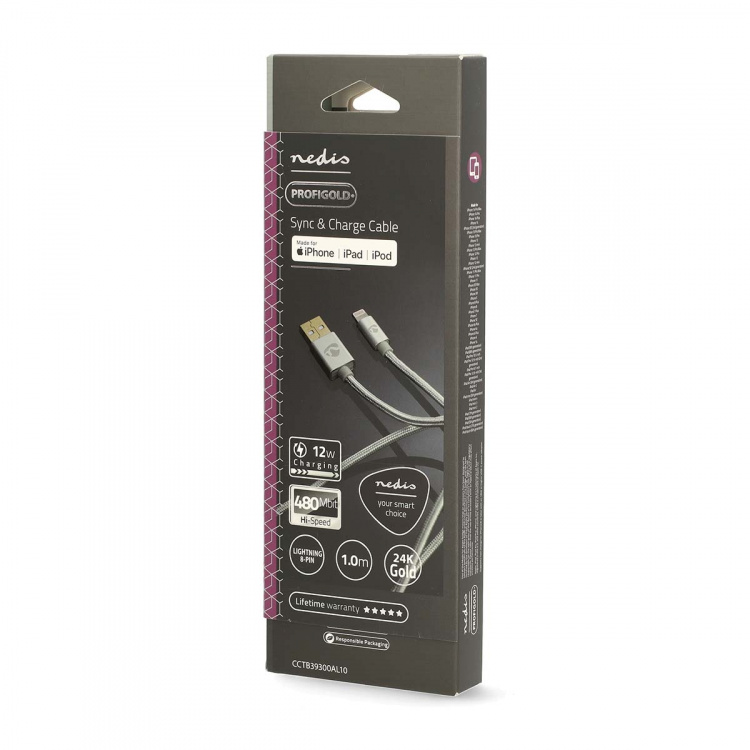 Nedis Lightning Kabel | USB 2.0 | Apple Lightning 8-Pins | USB-A Male | 480 Mbps | Verguld | 1.00 m | Rond | Gevlochten / Nylon | Aluminium | Cover Window Box