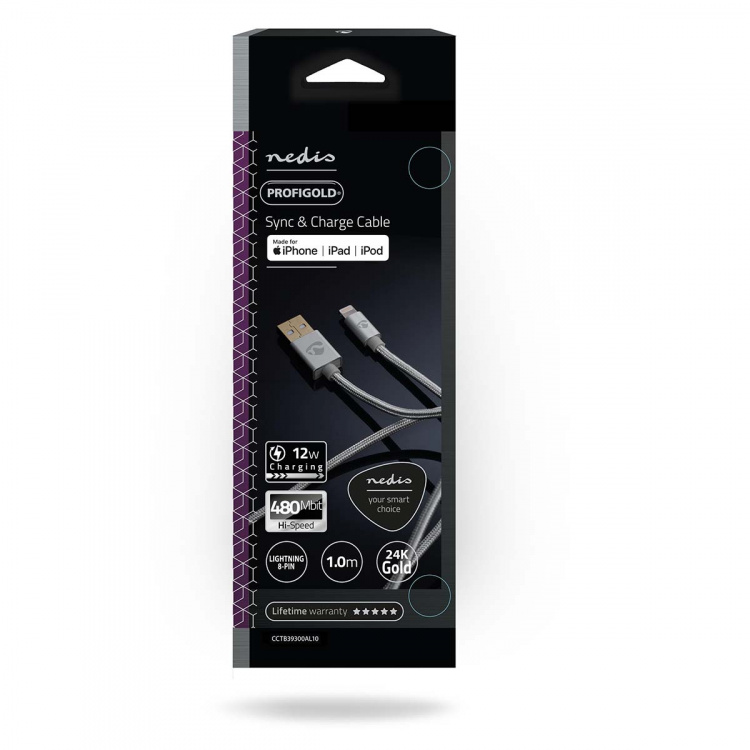 Nedis Lightning Kabel | USB 2.0 | Apple Lightning 8-Pins | USB-A Male | 480 Mbps | Verguld | 1.00 m | Rond | Gevlochten / Nylon | Aluminium | Cover Window Box