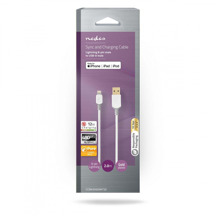 Nedis Lightning Kabel | USB 2.0 | Apple Lightning 8-Pins | USB-A Male | 480 Mbps | Verguld | 2.00 m | Rond | PVC | Grijs / Wit | Doos