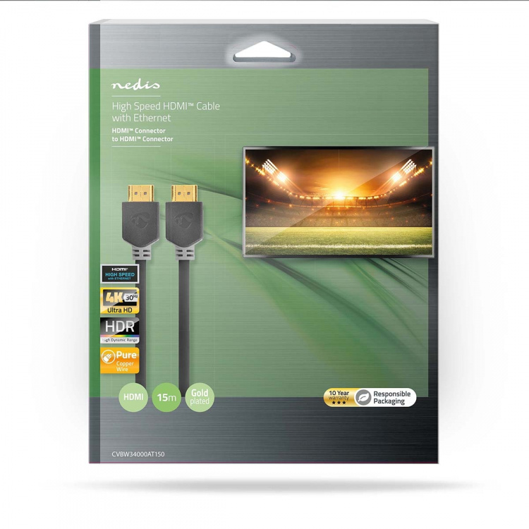 Nedis High Speed ​​HDMI™-Kabel met Ethernet | HDMI™ Connector | HDMI™ Connector | 4K@30Hz | ARC | 10.2 Gbps | 15.0 m | Rond | PVC | Antraciet | Doos