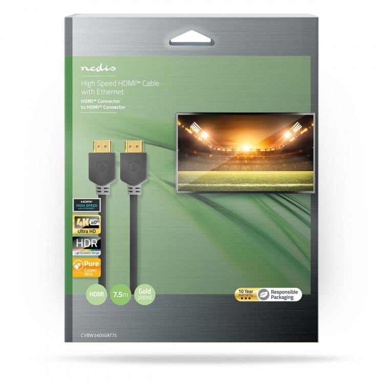 Nedis High Speed HDMI™-Kabel met Ethernet | HDMI™ Connector | HDMI™ Connector | 4K@60Hz | ARC | 18 Gbps | 7.50 m | Rond | PVC | Antraciet | Doos Nedis High Speed HDMI™-Kabel met Ethernet | HDMI™ Connector | HDMI™ Connector | 4K@60Hz | ARC | 18 Gbps | 7.50 m | Rond | PVC | Antraciet | Doos