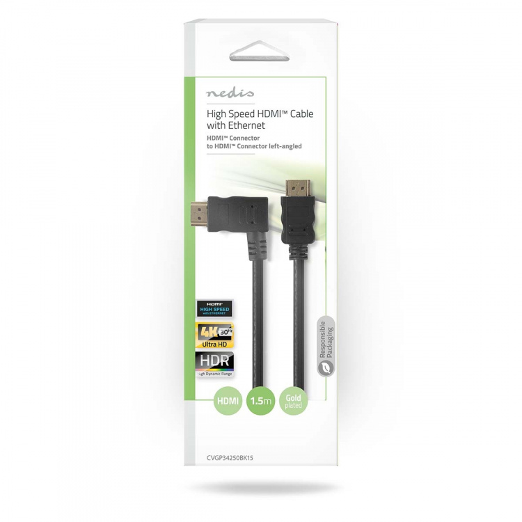 Nedis High Speed HDMI™-Kabel met Ethernet | Links Gehoekte HDMI™ Connector | HDMI™ Connector | 4K@30Hz | 10.2 Gbps | 1.50 m | Rond | PVC | Zwart | Envelop Nedis High Speed HDMI™-Kabel met Ethernet | Links Gehoekte HDMI™ Connector | HDMI™ Connector | 4K@30Hz | 10.2 Gbps | 1.50 m | Rond | PVC | Zwart | Envelop