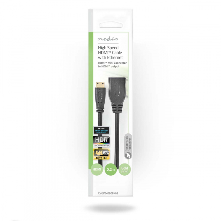 Nedis High Speed HDMI™-Kabel met Ethernet | HDMI™ Mini-Connector | HDMI™ Output | 4K@30Hz | 10.2 Gbps | 0.20 m | Rond | PVC | Zwart | Envelop Nedis High Speed HDMI™-Kabel met Ethernet | HDMI™ Mini-Connector | HDMI™ Output | 4K@30Hz | 10.2 Gbps | 0.20 m | Rond | PVC | Zwart | Envelop
