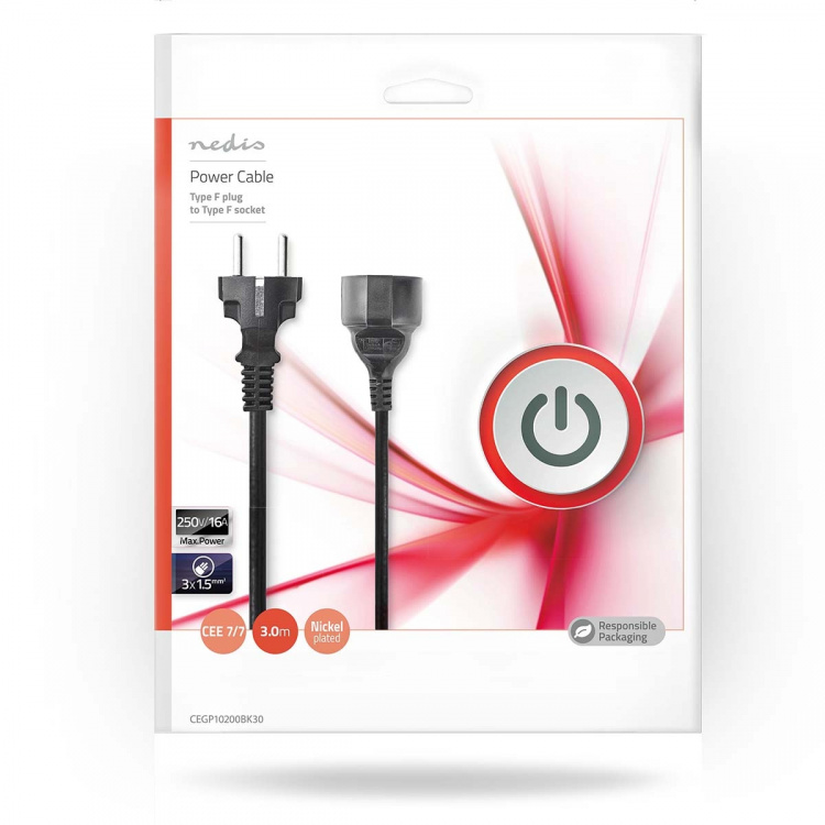 Nedis Stroomkabel | Type F (CEE 7/7) Male | Type F (CEE 7/7) Female | Recht | Recht | Vernikkeld | 3.00 m | Rond | PVC | Zwart | Envelop