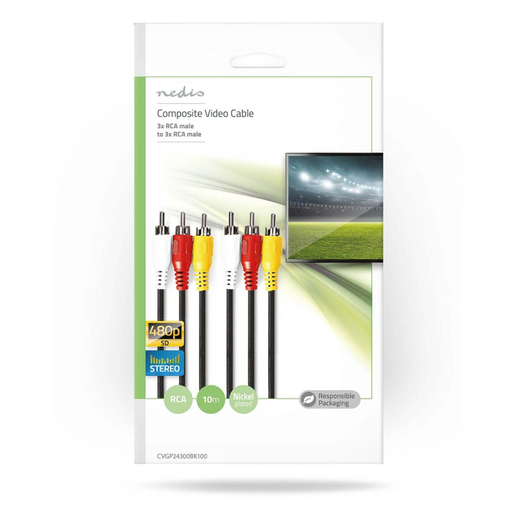 Nedis Composiet Videokabel | 3x RCA Male | 3x RCA Male | Vernikkeld | 480p | 10.0 m | Rond | PVC | Zwart | Envelop
