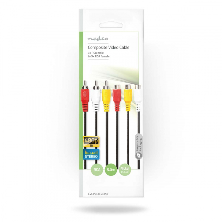 Nedis Composiet Videokabel | 3x RCA Male | 3x RCA Female | Vernikkeld | 480p | 5.00 m | Rond | PVC | Zwart | Envelop Nedis Composiet Videokabel | 3x RCA Male | 3x RCA Female | Vernikkeld | 480p | 5.00 m | Rond | PVC | Zwart | Envelop