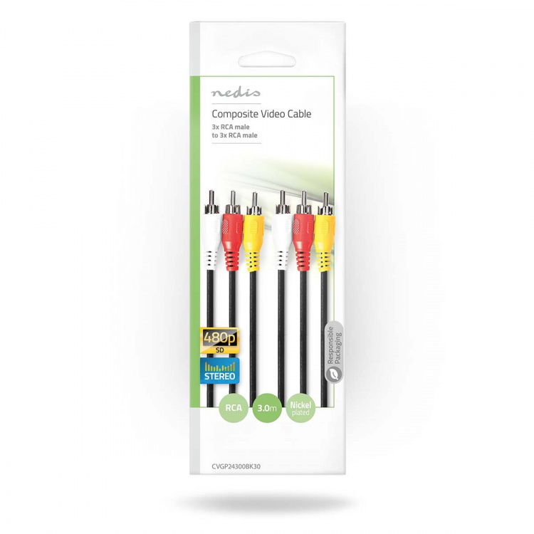 Nedis Composiet Videokabel | 3x RCA Male | 3x RCA Male | Vernikkeld | 480p | 3.00 m | Rond | PVC | Zwart | Envelop
