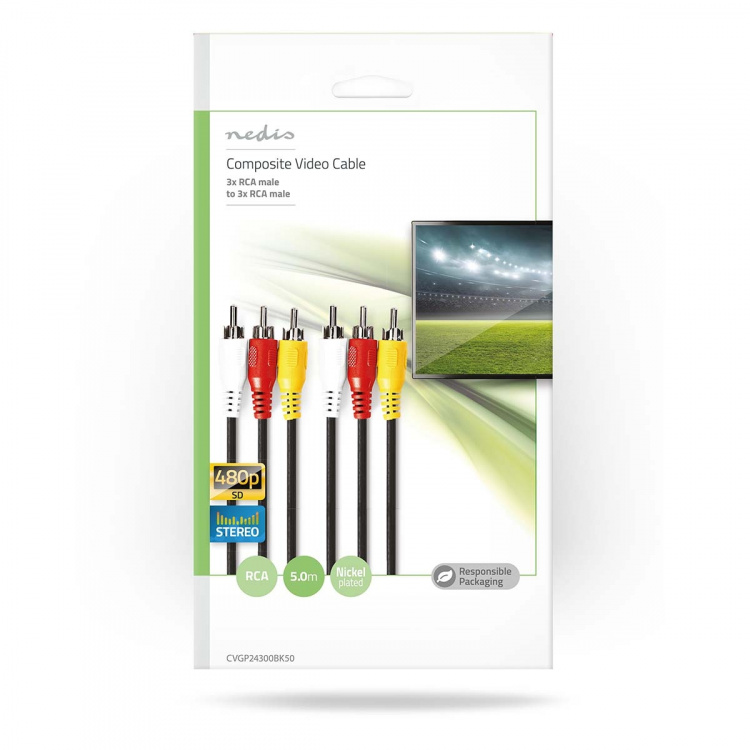Nedis Composiet Videokabel | 3x RCA Male | 3x RCA Male | Vernikkeld | 480p | 5.00 m | Rond | PVC | Zwart | Envelop