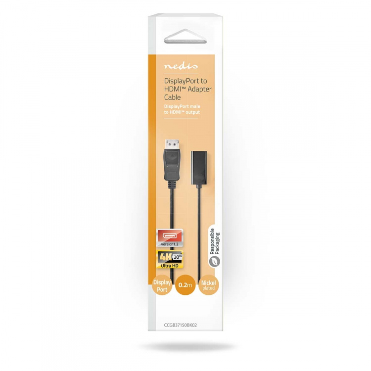 Nedis DisplayPort-Kabel | DisplayPort Male | HDMI™ Output | 4K@30Hz | Vernikkeld | 0.20 m | Rond | PVC | Zwart | Doos Nedis DisplayPort-Kabel | DisplayPort Male | HDMI™ Output | 4K@30Hz | Vernikkeld | 0.20 m | Rond | PVC | Zwart | Doos