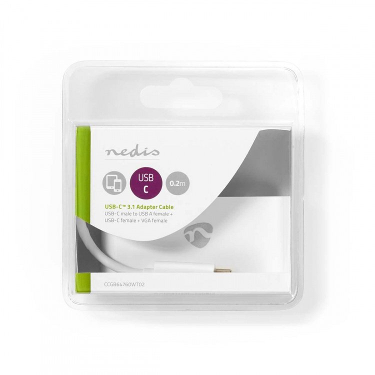 Nedis USB Multi-Port Adapter | 3-in-1 | USB 3.1 | USB-C™ Male | USB-A Female / USB-C™ Female / VGA Female 15p | 5 Gbps | 0.20 m | Rond | Vernikkeld | PVC | Wit | Blister