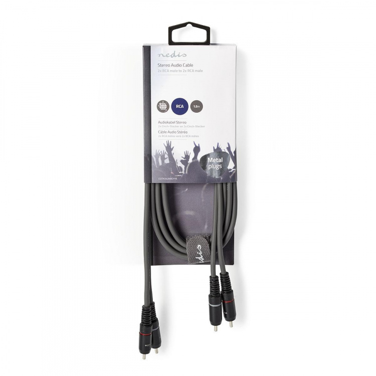 Nedis Stereo-Audiokabel | 2x RCA Male | 2x RCA Male | Vernikkeld | 1.50 m | Rond | Donkergrijs | Kartonnen Sleeve