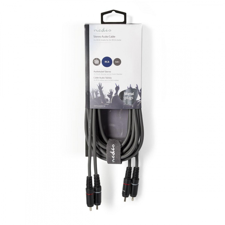Nedis Stereo-Audiokabel | 2x RCA Male | 2x RCA Male | Vernikkeld | 3.00 m | Rond | Donkergrijs | Kartonnen Sleeve Nedis Stereo-Audiokabel | 2x RCA Male | 2x RCA Male | Vernikkeld | 3.00 m | Rond | Donkergrijs | Kartonnen Sleeve