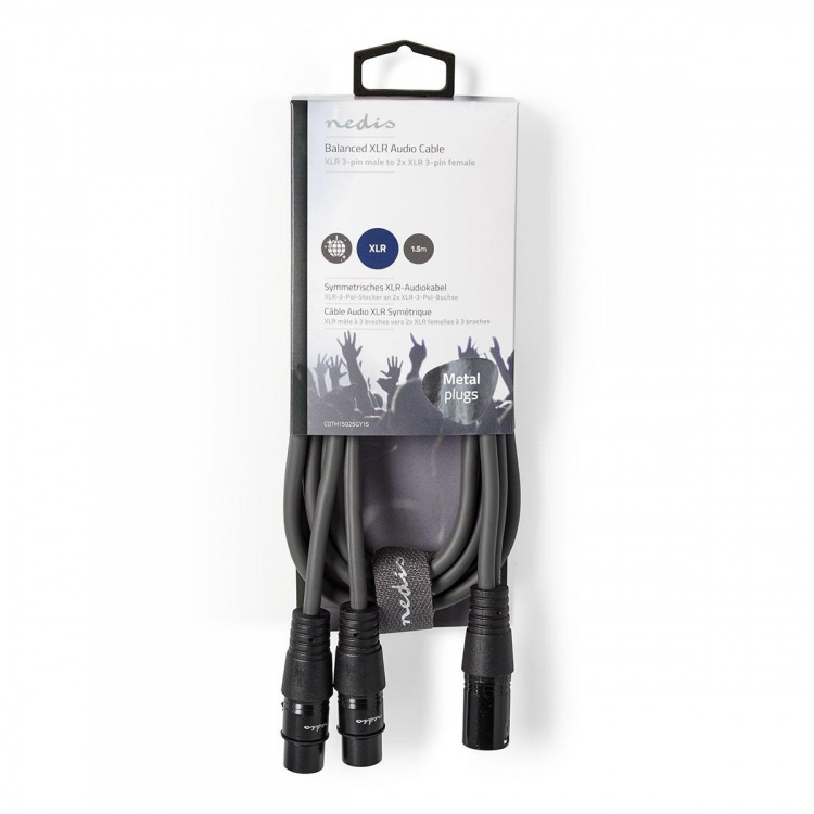 Nedis Gebalanceerde Audiokabel | XLR 3-Pins Male | 2x XLR 3-Pins Female | Vernikkeld | 1.50 m | Rond | PVC | Donkergrijs | Kartonnen Sleeve