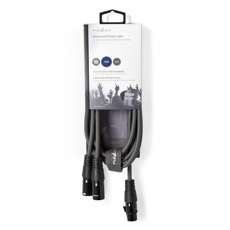 Nedis Gebalanceerde Audiokabel | 2x XLR 3-Pins Male | XLR 3-Pins Female | Vernikkeld | 1.50 m | Rond | PVC | Donkergrijs | Kartonnen Sleeve