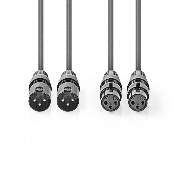 Nedis Gebalanceerde Audiokabel | 2x XLR 3-Pins Male | 2x XLR 3-Pins Female | Vernikkeld | 0.50 m | Rond | PVC | Donkergrijs | Kartonnen Sleeve