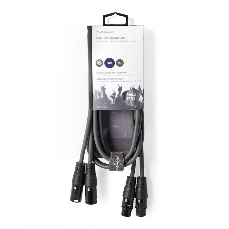 Nedis Gebalanceerde Audiokabel | 2x XLR 3-Pins Male | 2x XLR 3-Pins Female | Vernikkeld | 1.50 m | Rond | PVC | Donkergrijs | Kartonnen Sleeve