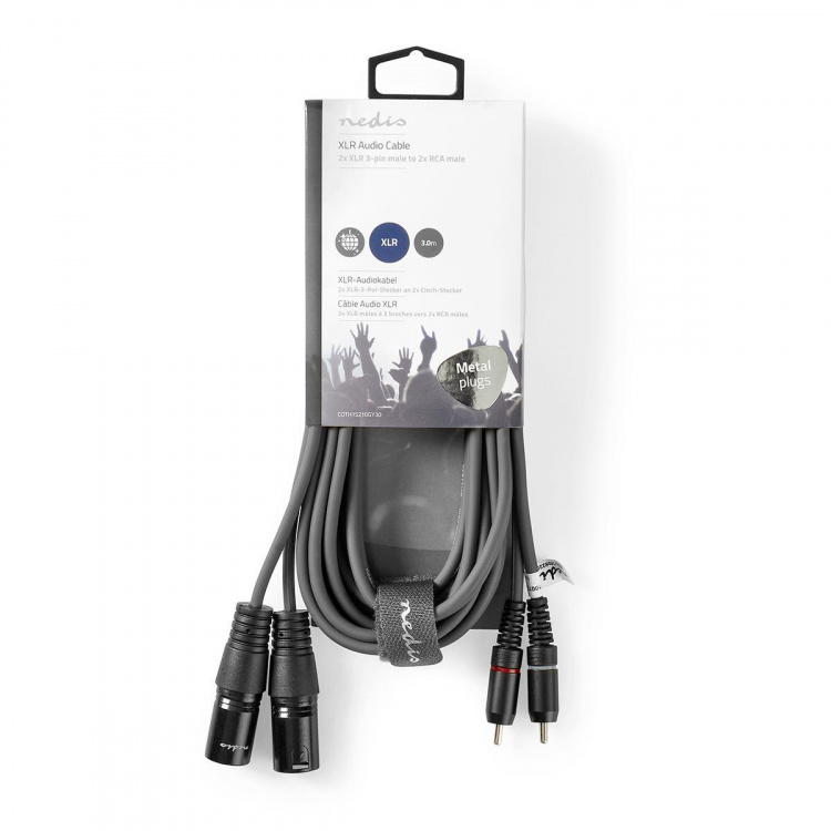 Nedis Gebalanceerde Audiokabel | 2x XLR 3-Pins Male | 2x RCA Male | Vernikkeld | 3.00 m | Rond | PVC | Donkergrijs | Kartonnen Sleeve Nedis Gebalanceerde Audiokabel | 2x XLR 3-Pins Male | 2x RCA Male | Vernikkeld | 3.00 m | Rond | PVC | Donkergrijs | Kartonnen Sleeve