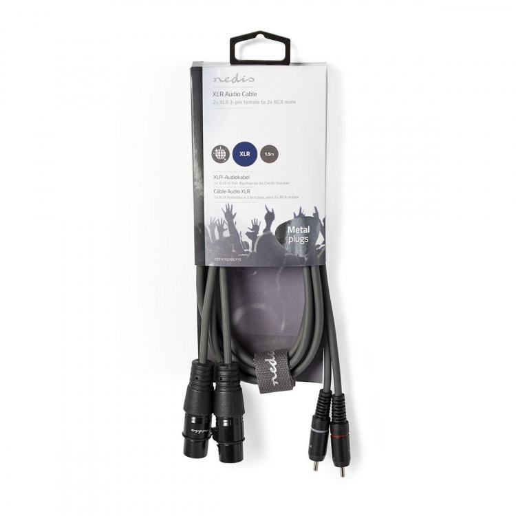 Nedis Gebalanceerde Audiokabel | 2x XLR 3-Pins Female | 2x RCA Male | Vernikkeld | 1.50 m | Rond | PVC | Donkergrijs | Kartonnen Sleeve Nedis Gebalanceerde Audiokabel | 2x XLR 3-Pins Female | 2x RCA Male | Vernikkeld | 1.50 m | Rond | PVC | Donkergrijs | Kartonnen Sleeve
