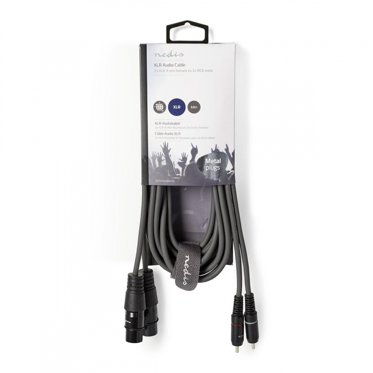 Nedis Gebalanceerde Audiokabel | 2x XLR 3-Pins Female | 2x RCA Male | Vernikkeld | 3.00 m | Rond | PVC | Donkergrijs | Kartonnen Sleeve