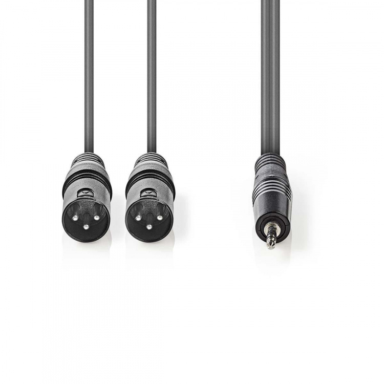 Nedis Gebalanceerde Audiokabel | 2x XLR 3-Pins Male | 3,5 mm Male | Vernikkeld | 1.50 m | Rond | PVC | Donkergrijs | Kartonnen Sleeve Nedis Gebalanceerde Audiokabel | 2x XLR 3-Pins Male | 3,5 mm Male | Vernikkeld | 1.50 m | Rond | PVC | Donkergrijs | Kartonnen Sleeve