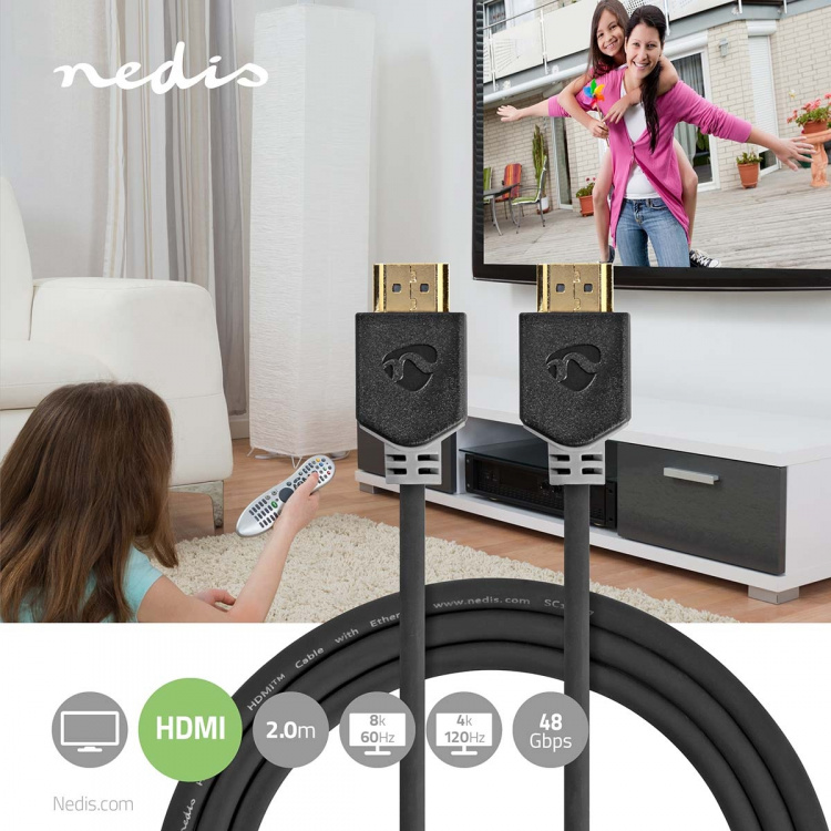 Nedis Ultra High Speed ​​HDMI™-Kabel | HDMI™ Connector | HDMI™ Connector | 8K@60Hz | 48 Gbps | 2.00 m | Rond | 6.5 mm | Antraciet | Doos