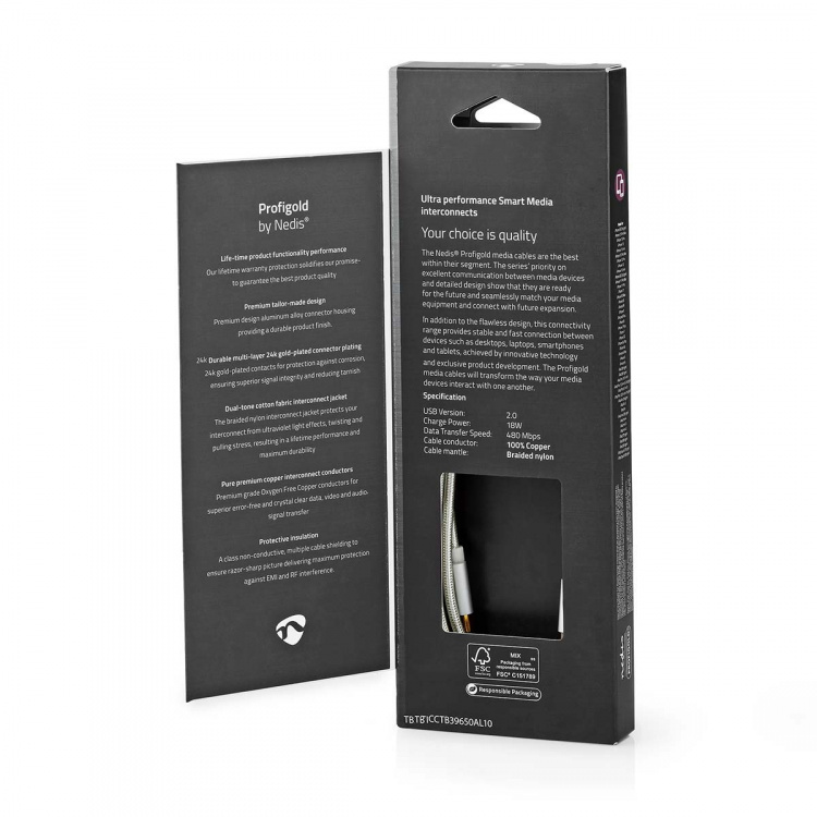 Nedis Lightning Kabel | USB 2.0 | Apple Lightning 8-Pins | USB-C™ Male | 480 Mbps | Verguld | 1.00 m | Rond | Gevlochten / Nylon | Aluminium / Zilver | Cover Window Box